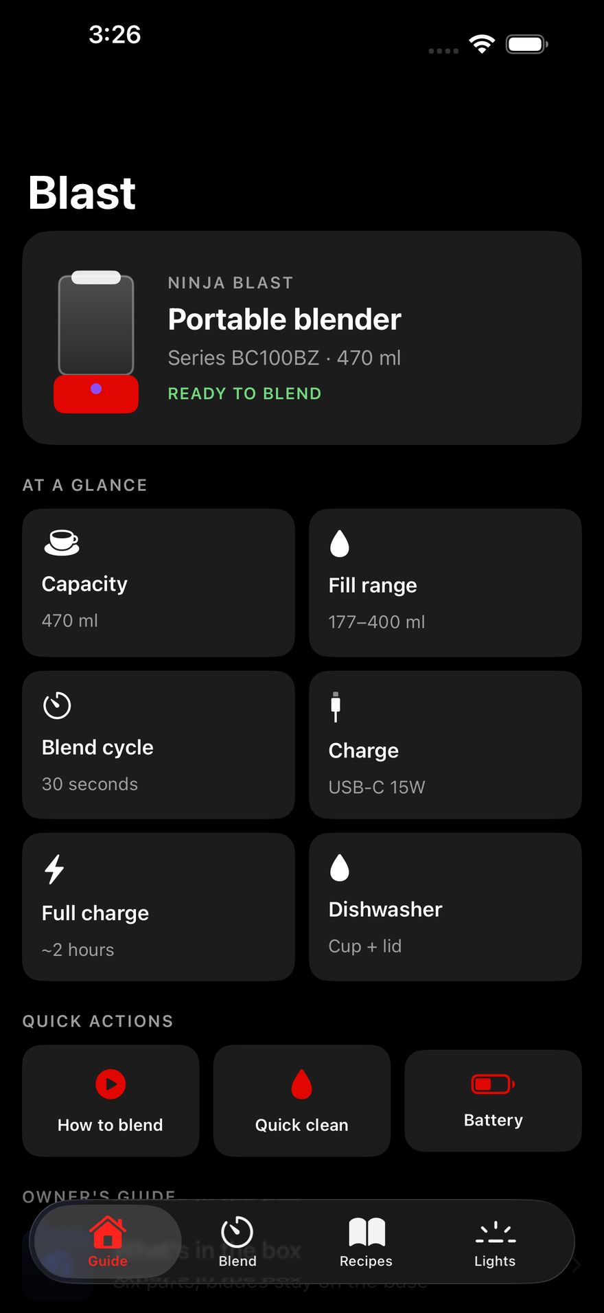 Blast Guide Guide tab: the Ninja Blast BC100BZ device card, at-a-glance specs and quick actions